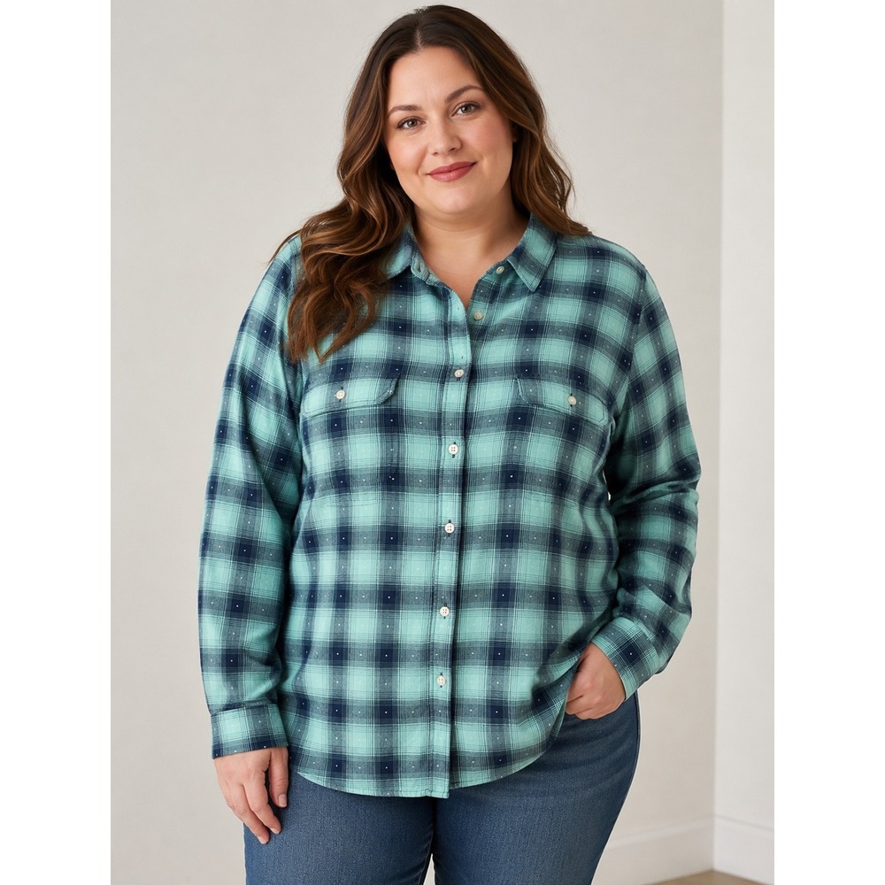 St. John's Bay Womens 2X Teal Navy Plaid Cotton Button Down Shirt Dobby Dot